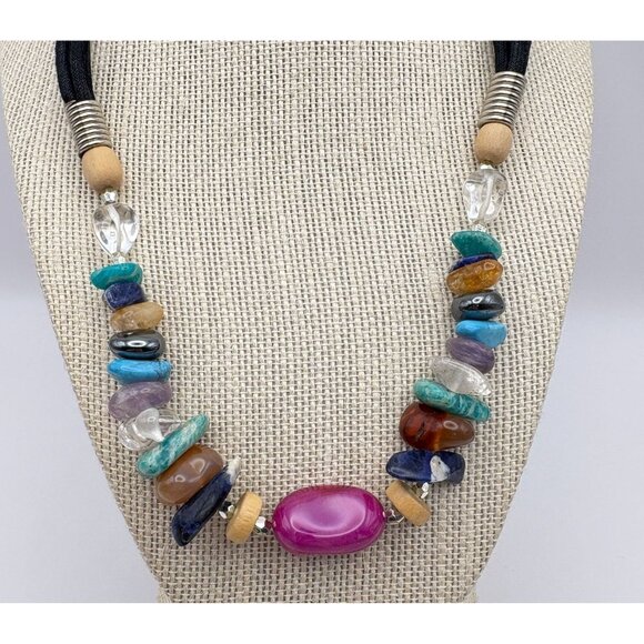Vibrant Faux Stone Beaded Necklace with Black Cord & Silver Accents Boho Rainbow - Picture 2 of 7